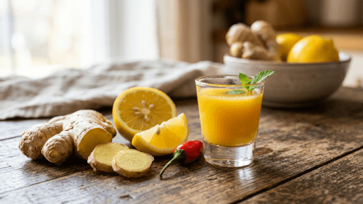 A small glass of bright ginger shot with fresh ginger root, lemon and a chilli beside it.