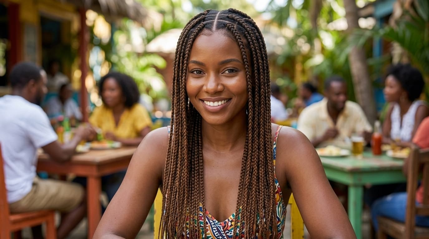 A woman with long medium-sized box braids parted into neat square sections, the braids falling past her shoulders.