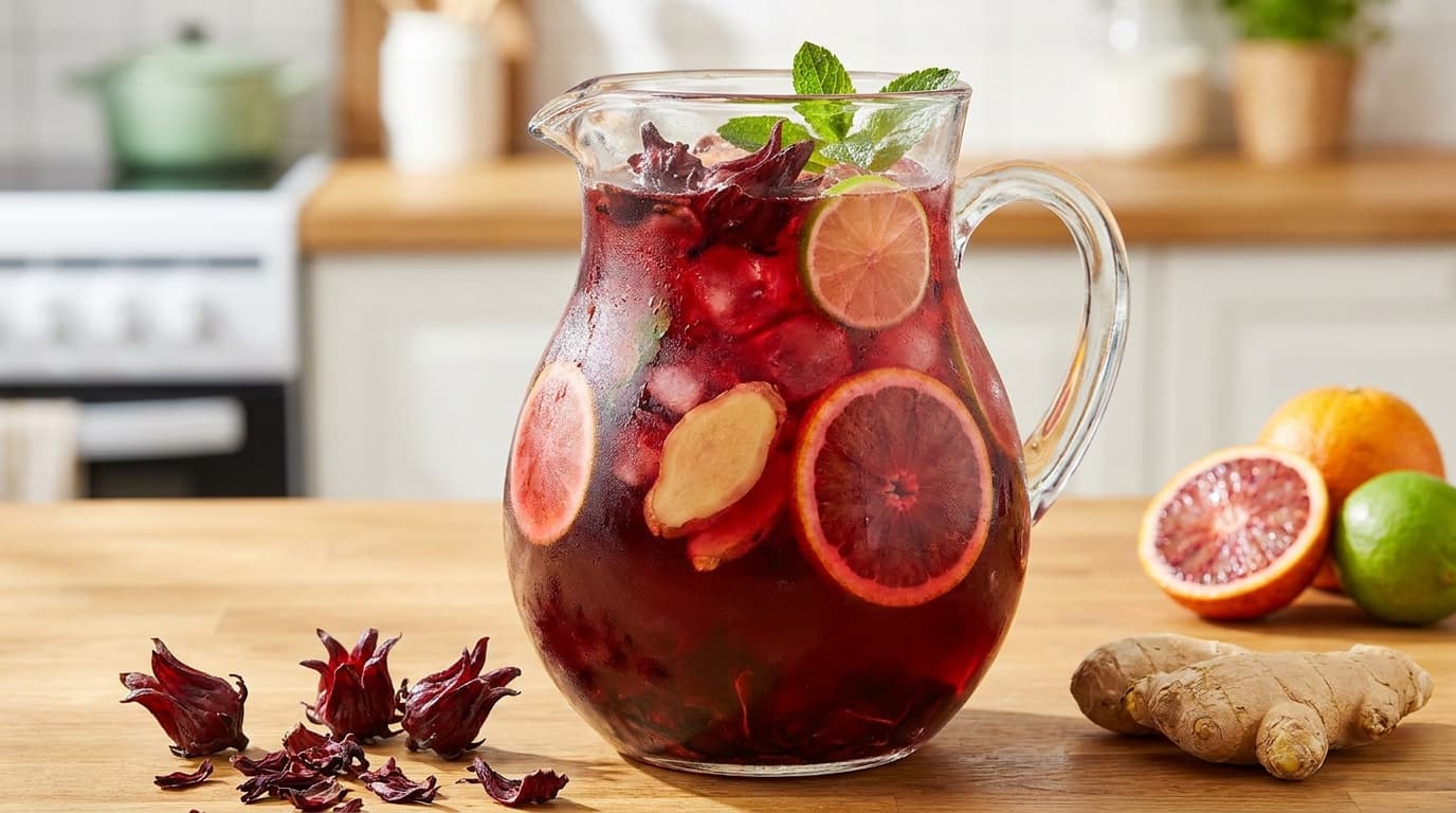 A jug of deep red hibiscus drink with ice, fresh ginger and citrus, made from dried roselle flowers