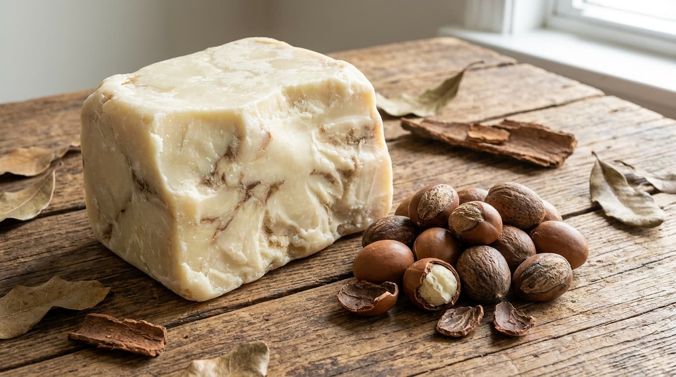 A block of raw unrefined shea butter on a wooden surface beside shea nuts