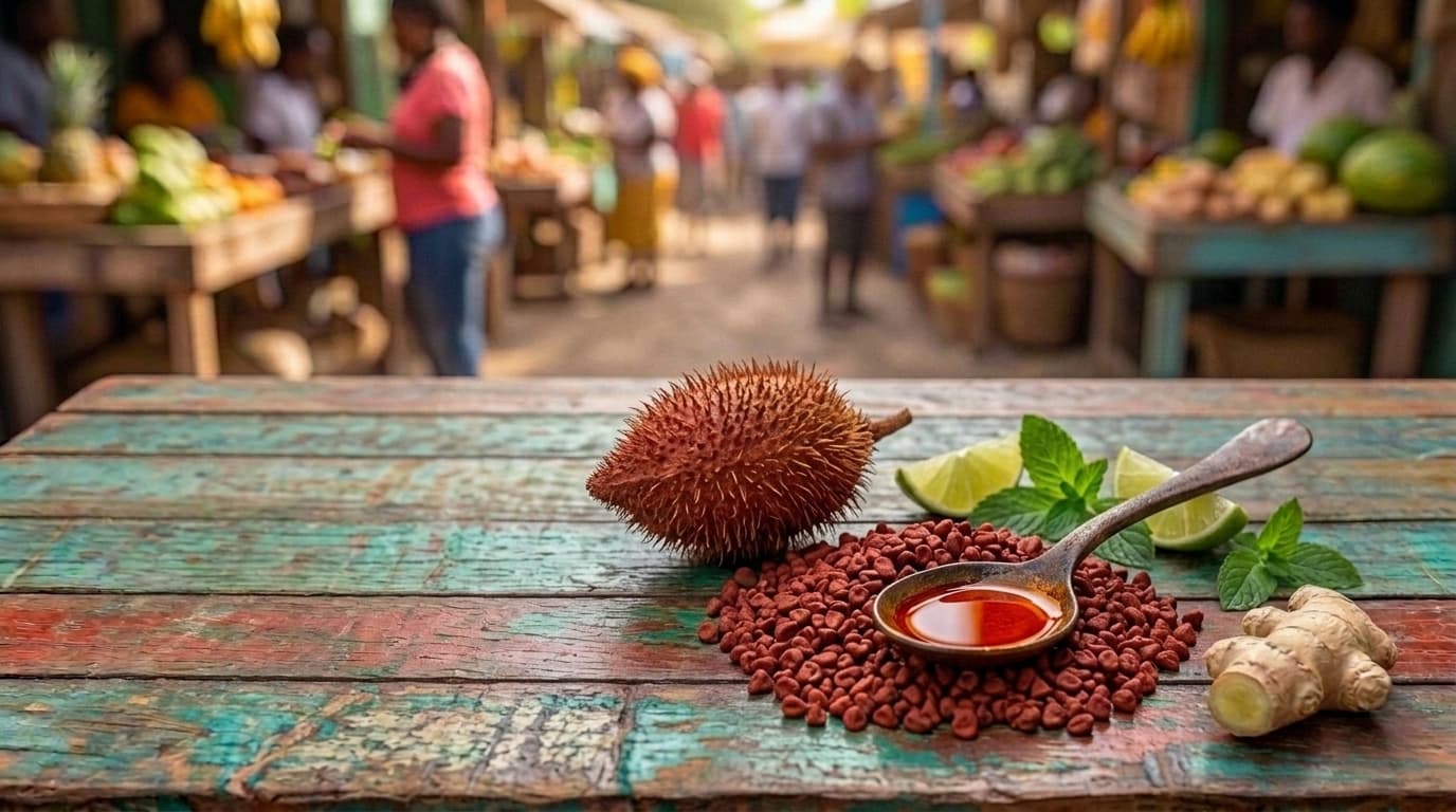 A pile of small red annatto seeds beside a spoon of red-orange annatto oil and a whole achiote pod.