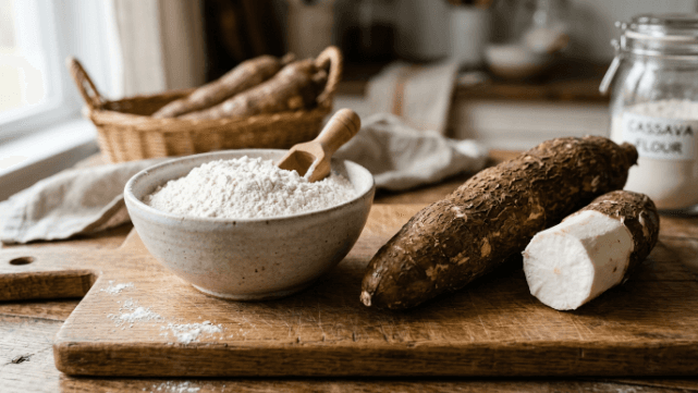 A bowl of fine white cassava flour beside a whole cassava root on a wooden board.