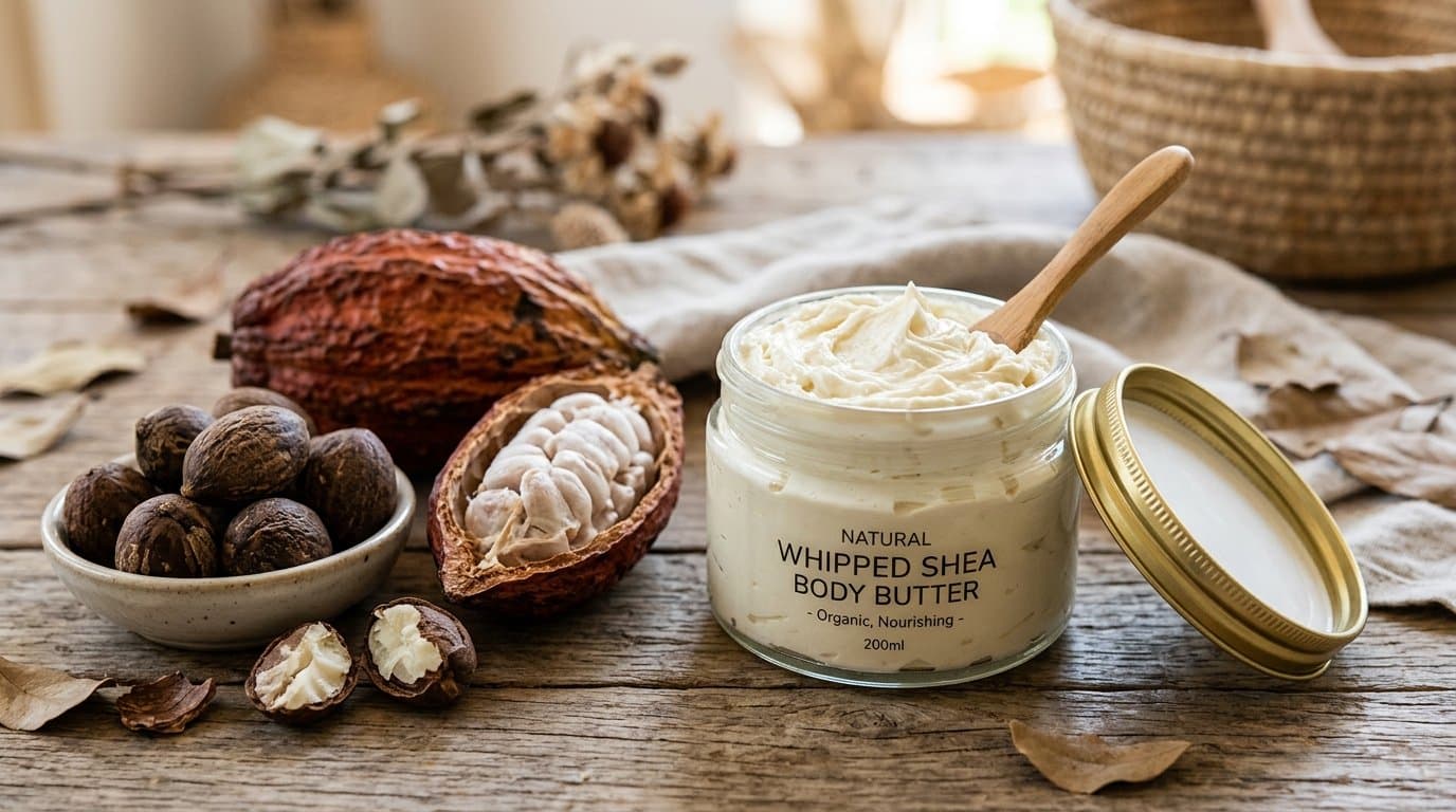 An open jar of thick, creamy whipped shea body butter beside shea nuts and cocoa pods.