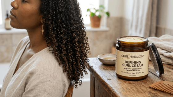 A jar of curl cream beside a section of soft, defined, moisturised natural curls.