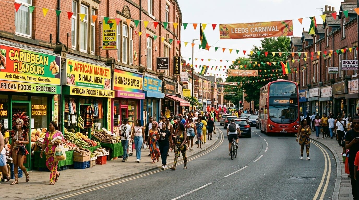 A Leeds street scene in Chapeltown with African and Caribbean food shops and Caribbean Carnival colour.