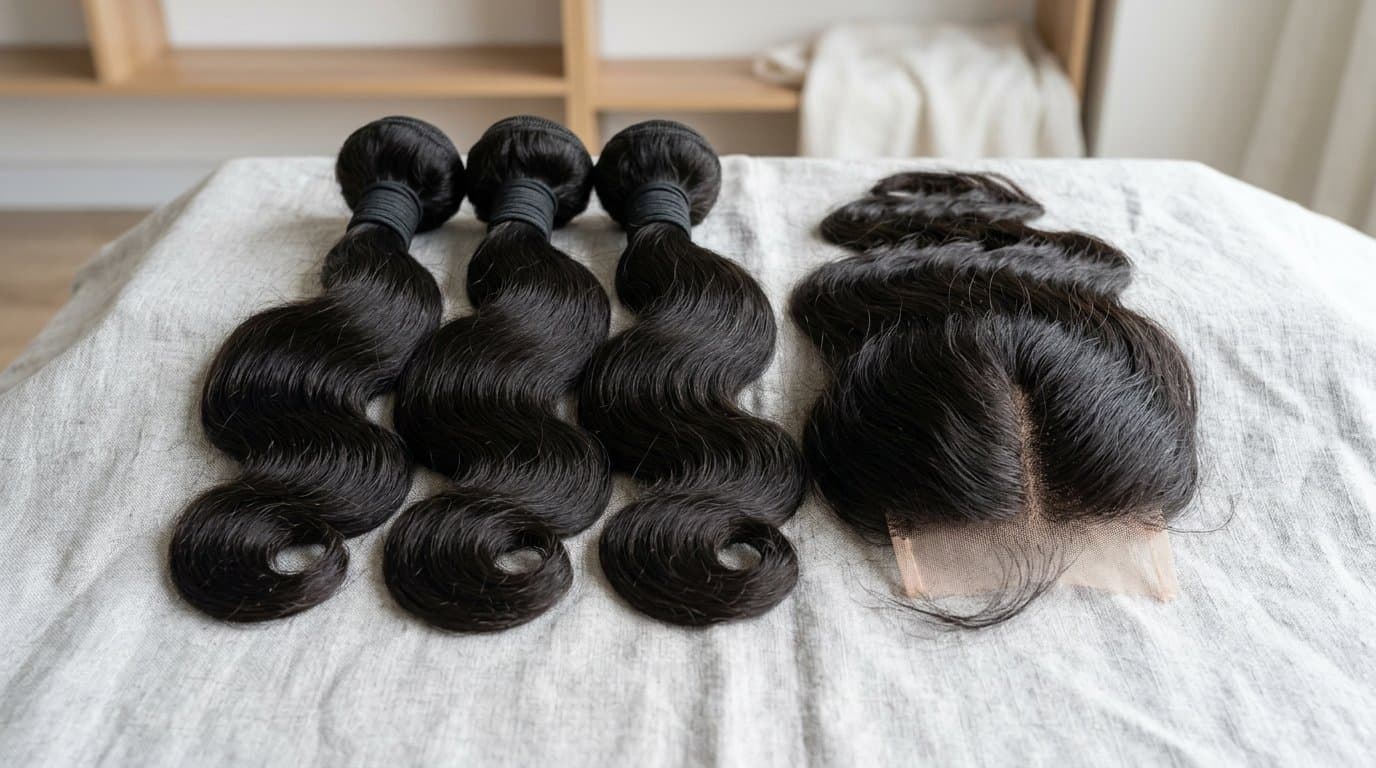 Three bundles of dark wavy human hair wefts tied together, beside a lace closure.
