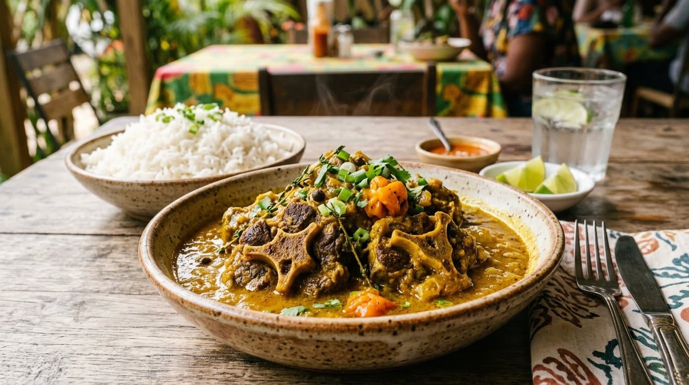 A bowl of golden Jamaican curry goat with tender pieces of goat meat on the bone in a rich yellow curry sauce, served with white rice.