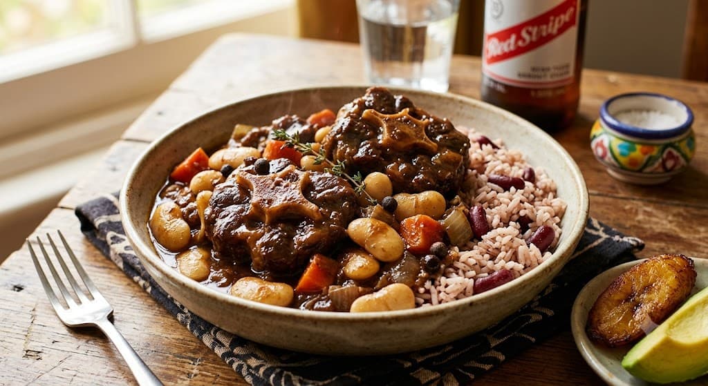 A bowl of dark, glossy Jamaican oxtail stew with butter beans and tender meat on the bone, served over rice and peas.