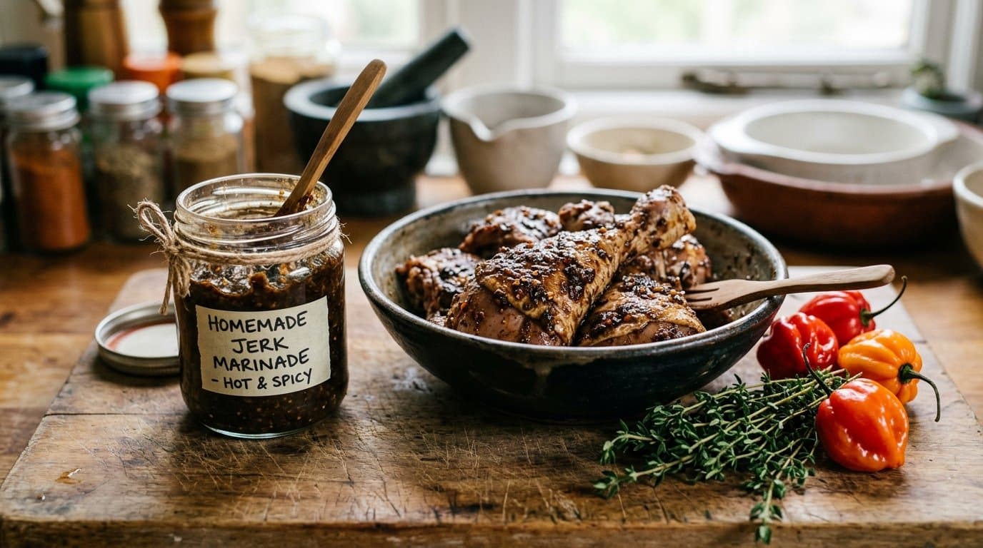 A jar of dark jerk marinade paste beside chicken pieces coated in it, with scotch bonnet and thyme.