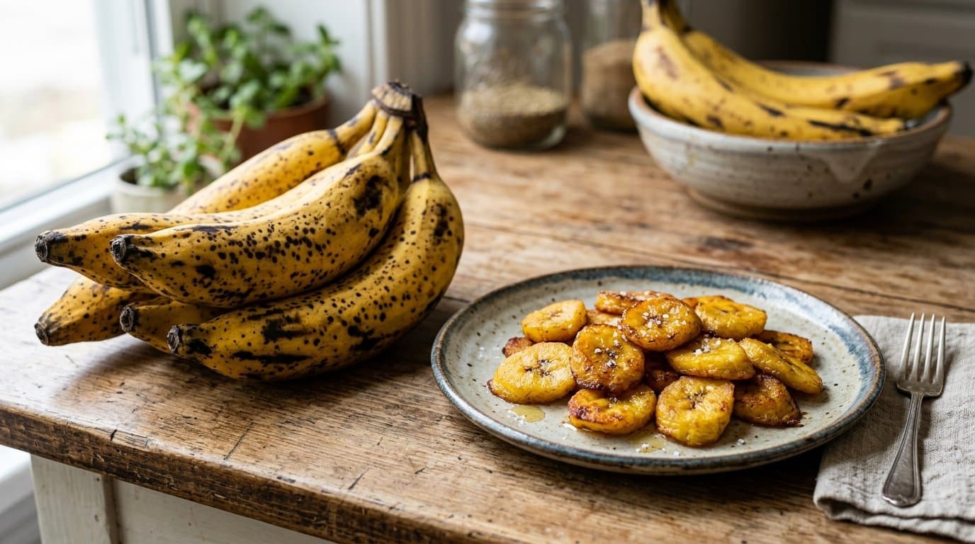 A bunch of yellow plantains with black-spotted ripe skins next to slices of golden fried plantain on a plate.