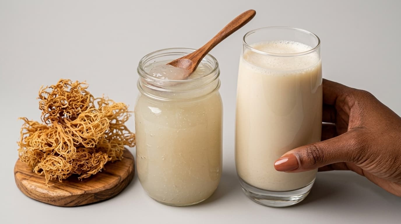 Dried golden sea moss beside a jar of pale sea moss gel and a glass of a sea moss drink.