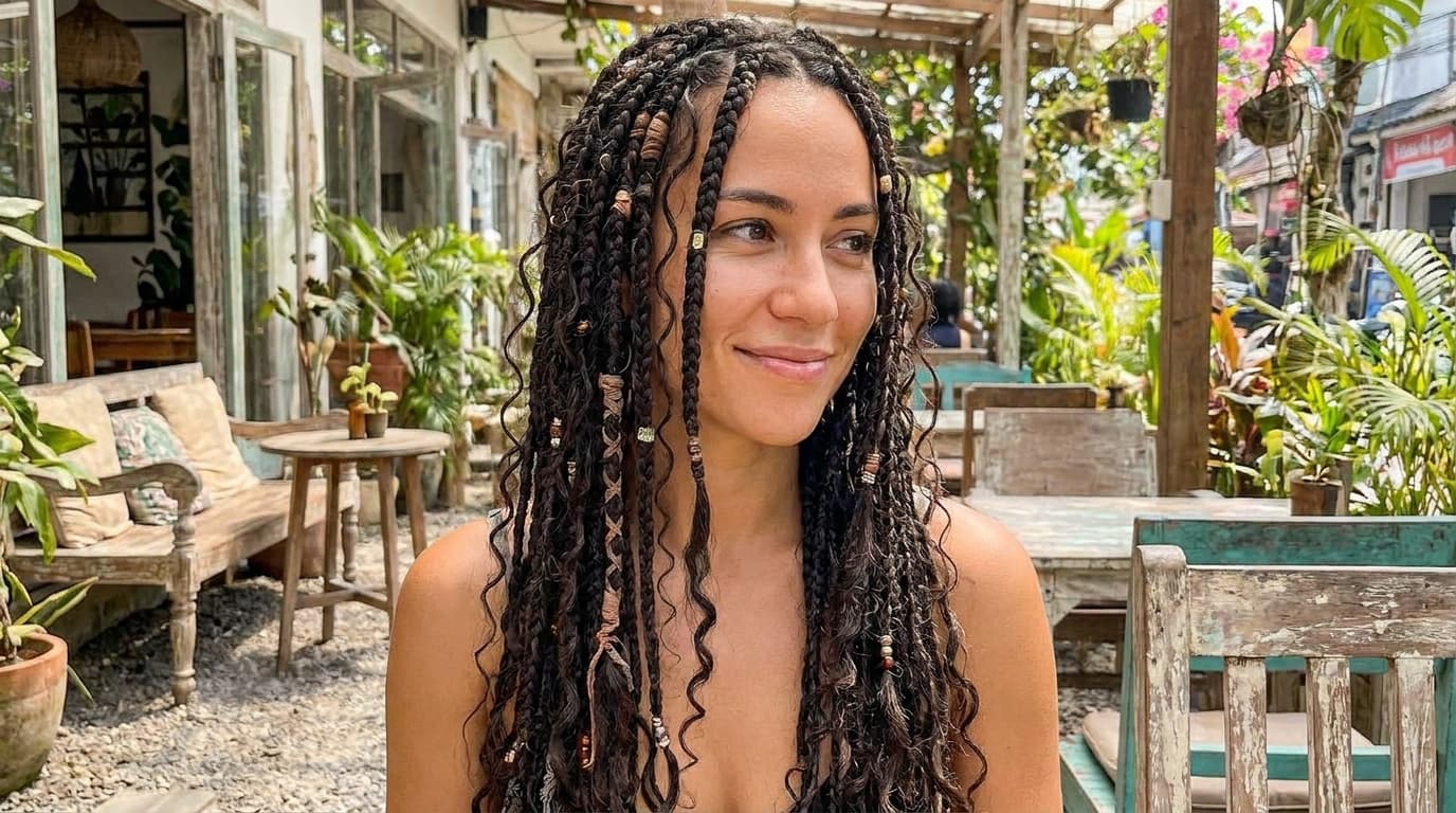 A woman with long boho braids, sleek braids with soft loose curly strands left out along their length for a bohemian effect.