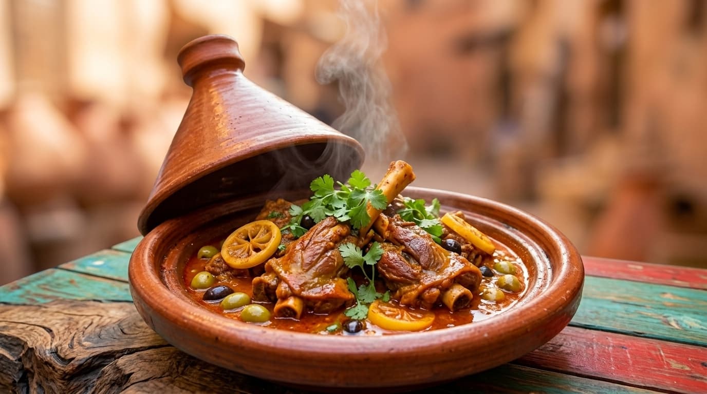 A Moroccan lamb tagine cooking in a conical clay pot with preserved lemon, olives and fresh coriander