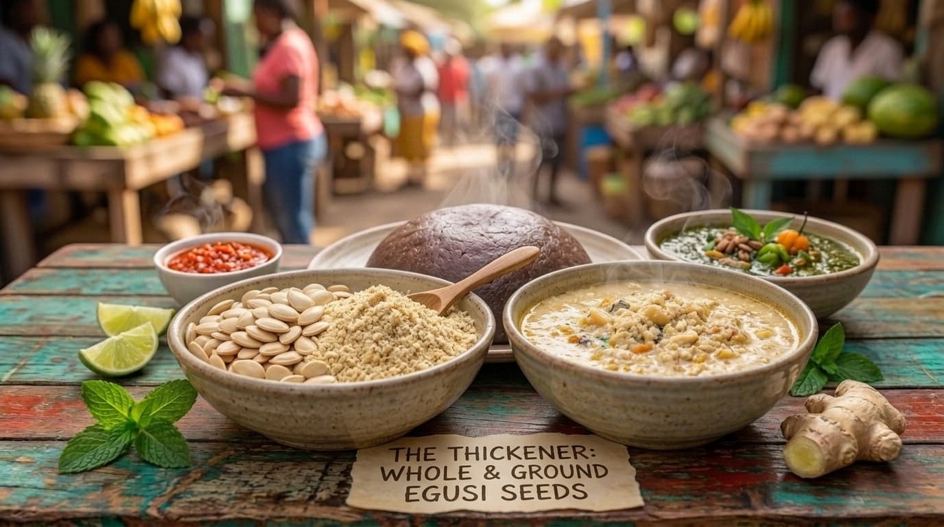 A bowl of pale cream egusi, ground melon seeds, beside whole egusi seeds, used to thicken West African soups.