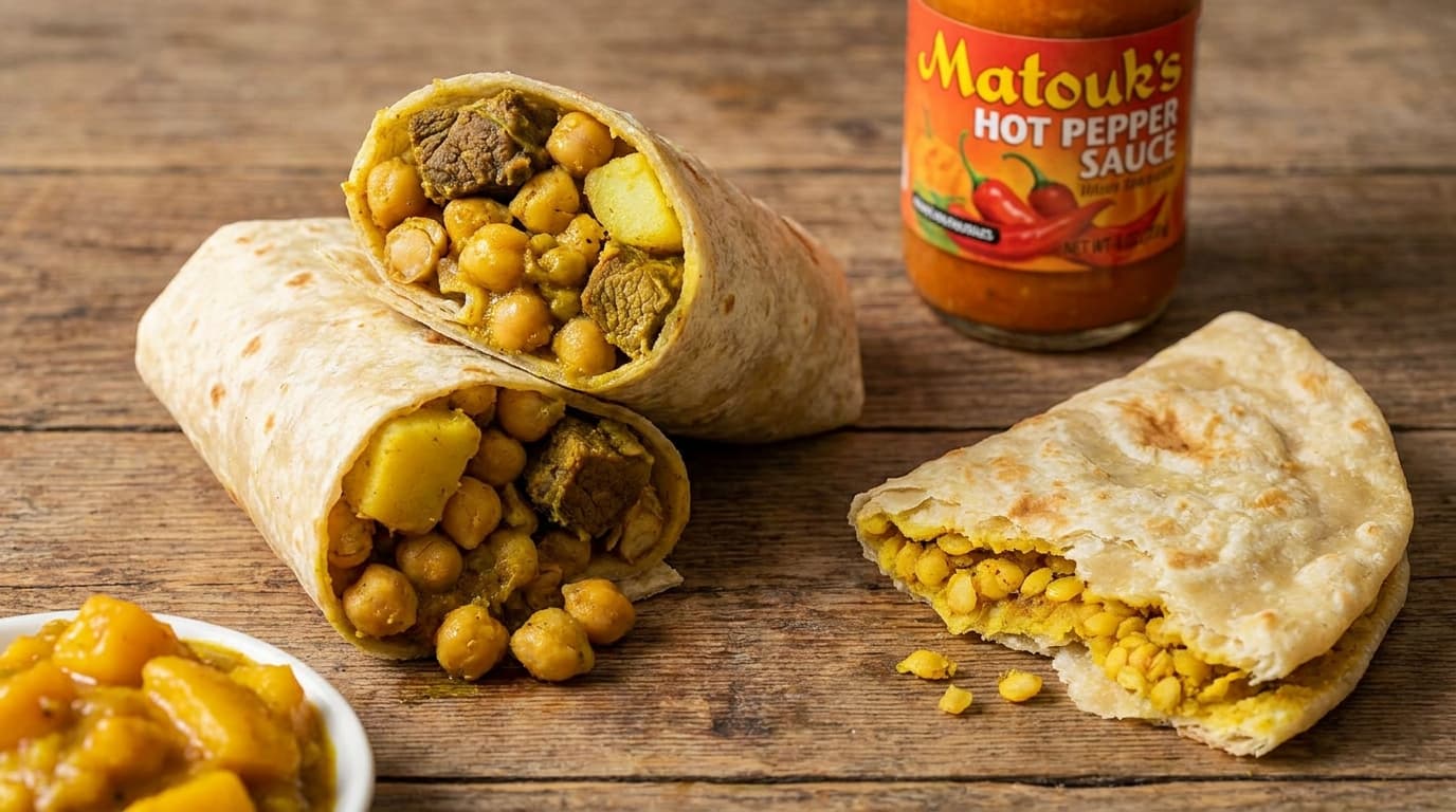 A Trinidadian roti wrap filled with curried chickpeas, potato and meat, beside a torn piece of soft dhalpuri roti