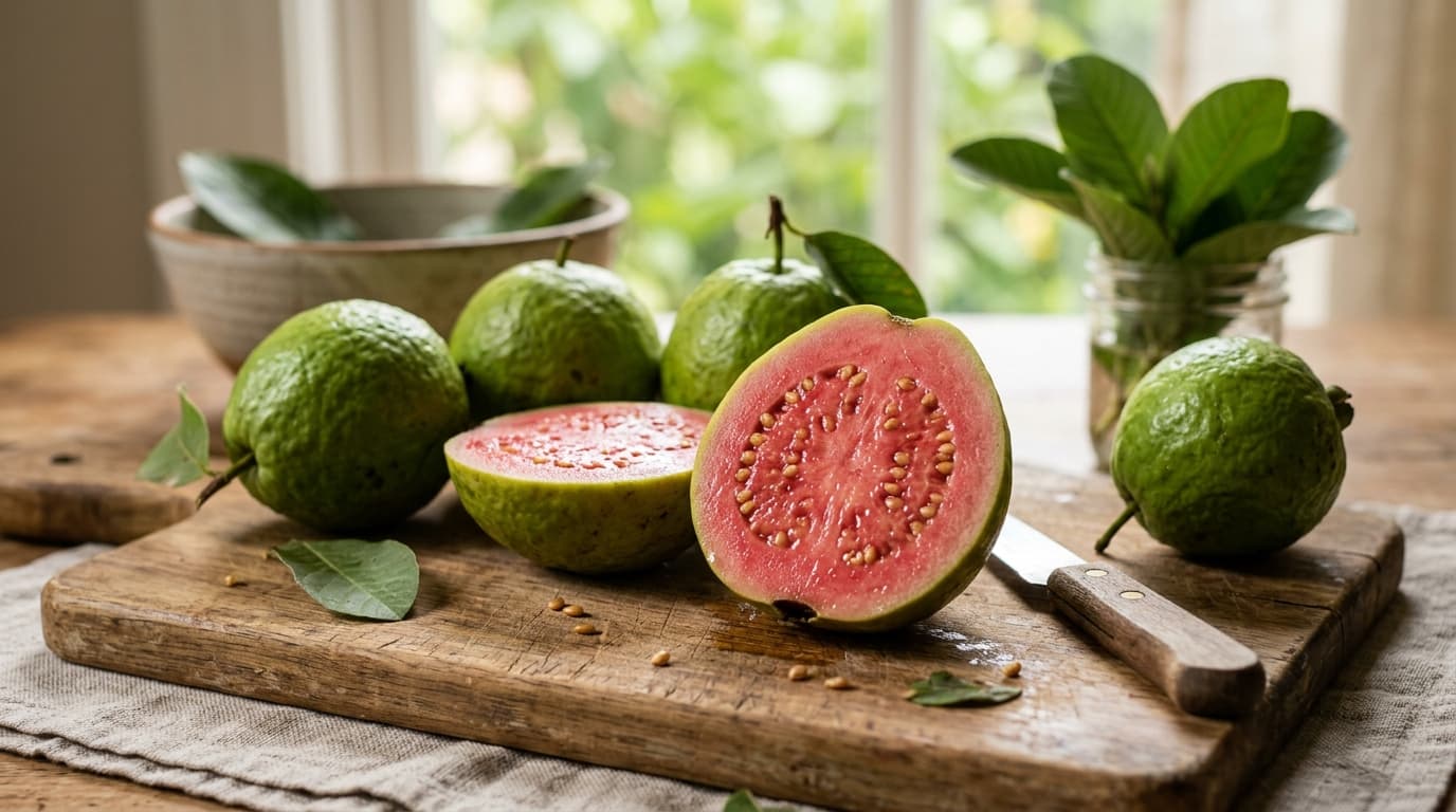 Fresh guava fruit cut open to show pink flesh and small seeds, with whole green guavas beside it