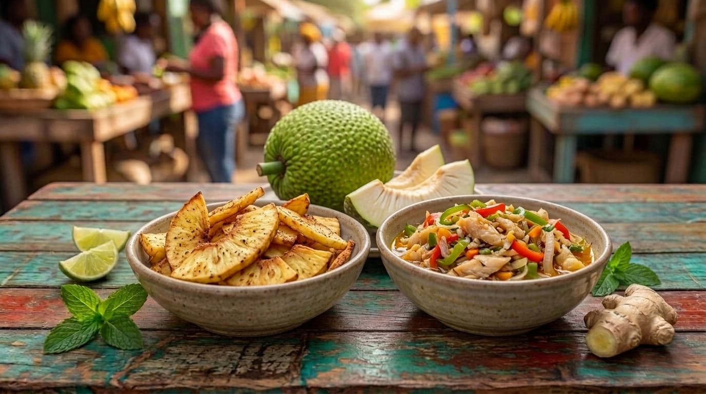 A large round green breadfruit whole and cut into wedges, beside roasted breadfruit slices and saltfish.