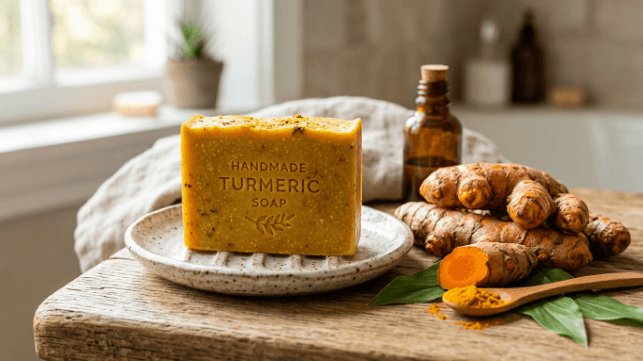 A golden-yellow bar of turmeric soap on a dish beside fresh turmeric root.