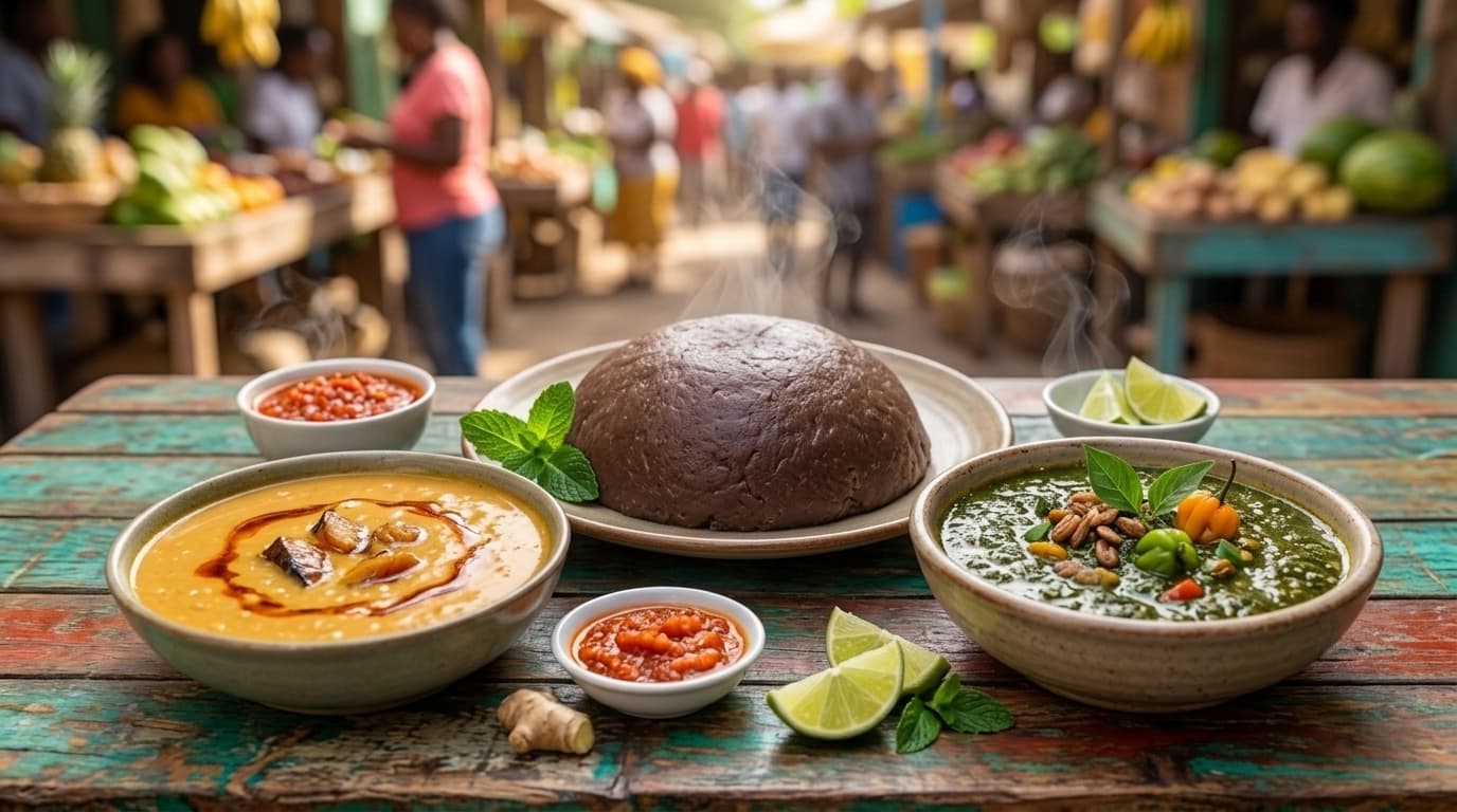 A smooth mound of dark brown Yoruba amala on a plate beside a bowl of green ewedu soup and gbegiri.