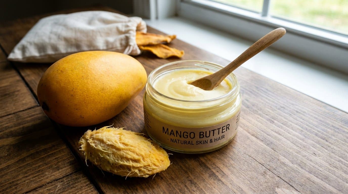 A tub of smooth, pale, creamy mango butter beside a mango and its seed, a natural butter used for skin and hair.