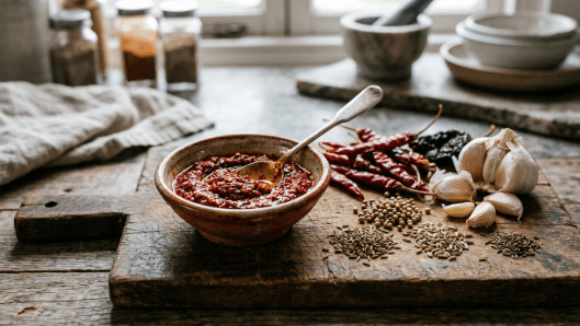 A small bowl of deep red harissa paste with a spoon, beside dried red chillies, garlic and spices on a board.