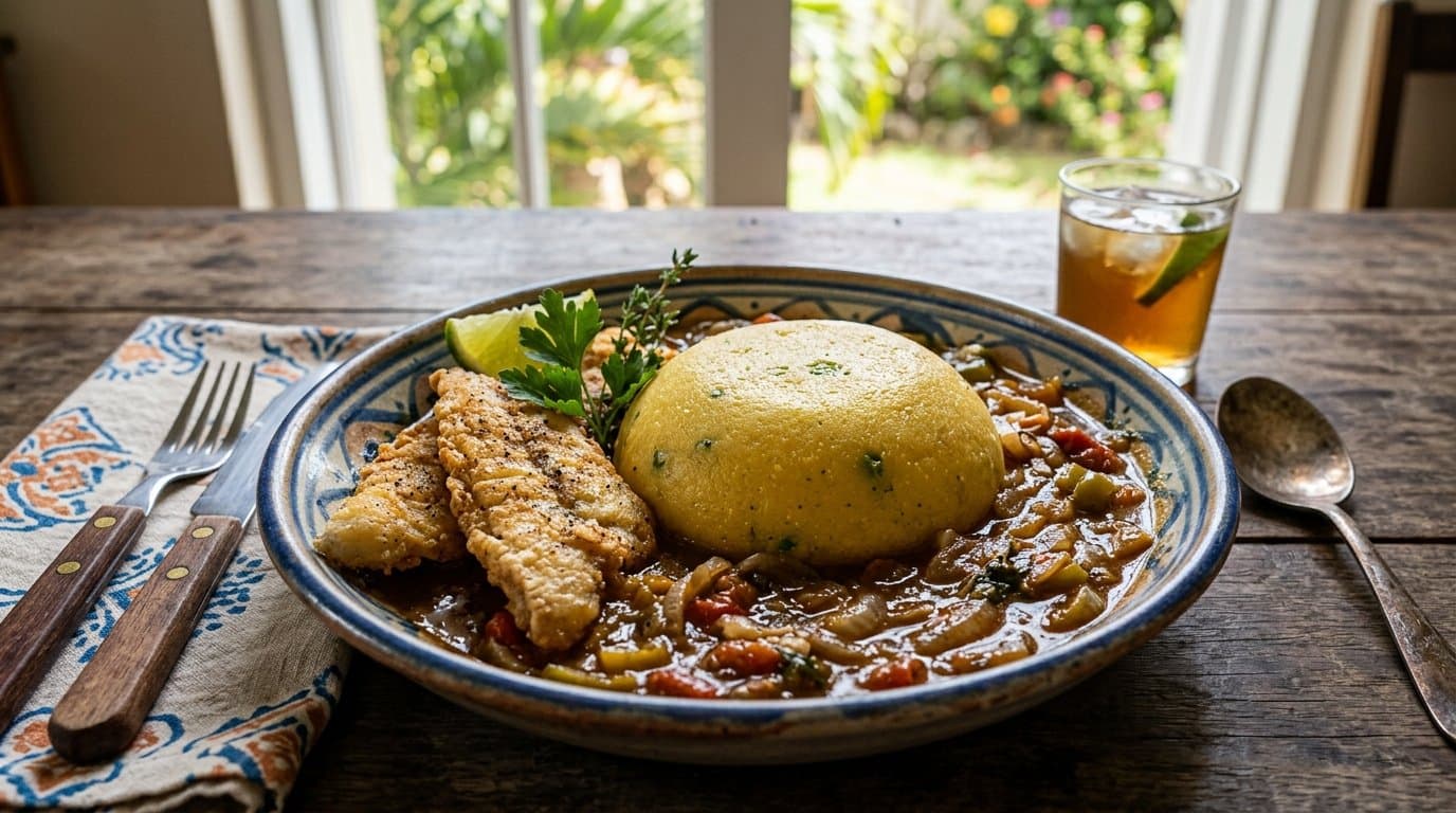 A smooth mound of golden Barbadian cou cou made from cornmeal and okra, served with flying fish and gravy.