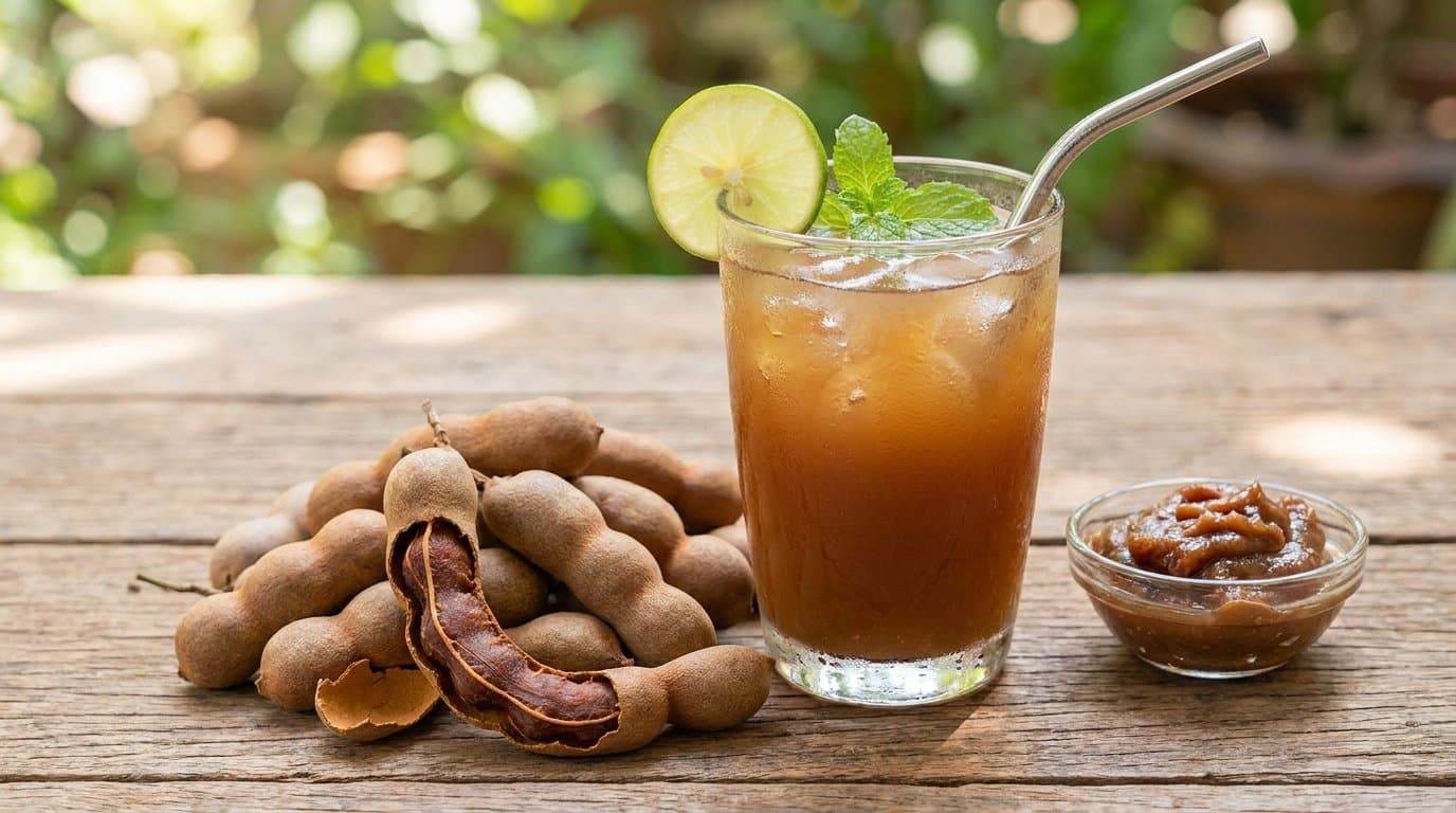 A glass of chilled brown tamarind juice over ice beside tamarind pods and pulp, a sweet and sour drink.