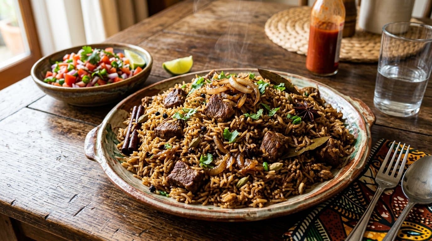 A platter of fragrant brown East African pilau rice cooked with tender beef, whole spices and browned onions, with kachumbari beside it.