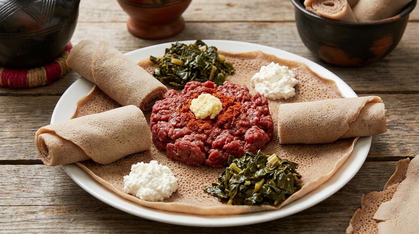 A plate of Ethiopian kitfo, finely minced beef seasoned red with mitmita, served with injera and greens
