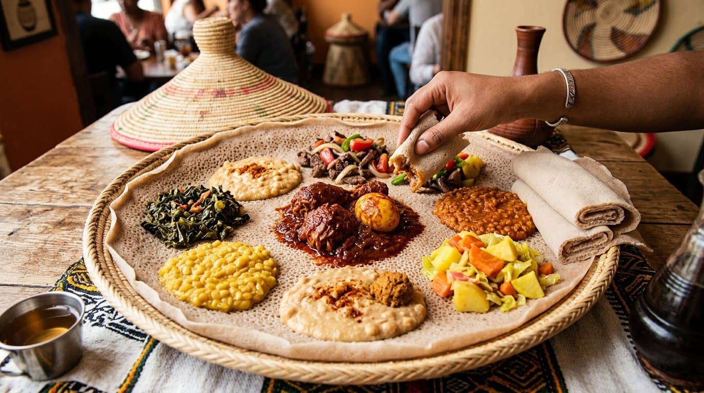 A shared platter of Ethiopian food with injera flatbread topped with doro wat, tibs, shiro and colourful vegetable stews