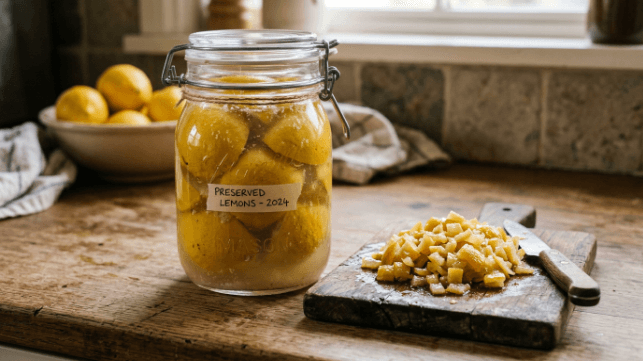A jar of preserved lemons packed in salty juice, with softened yellow lemon quarters, beside a chopped preserved lemon rind.