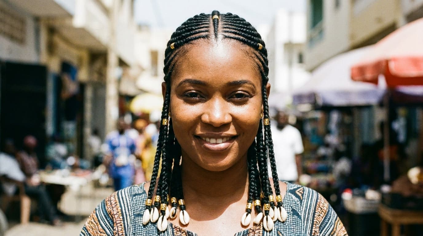 A woman wearing Fulani braids with cornrows braided back and down the centre, side braids framing the face, and small gold beads on the ends.