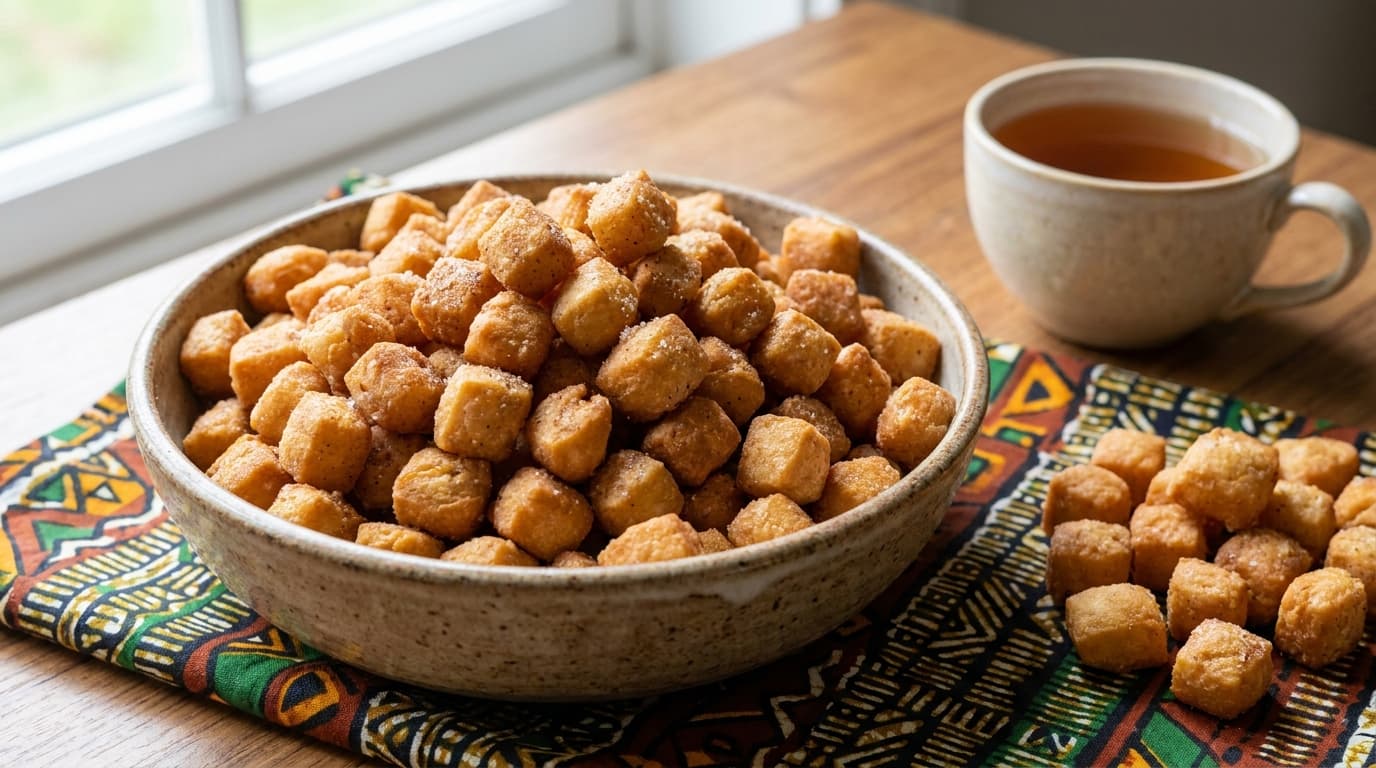 A bowl of small golden cubes of fried Nigerian chin chin