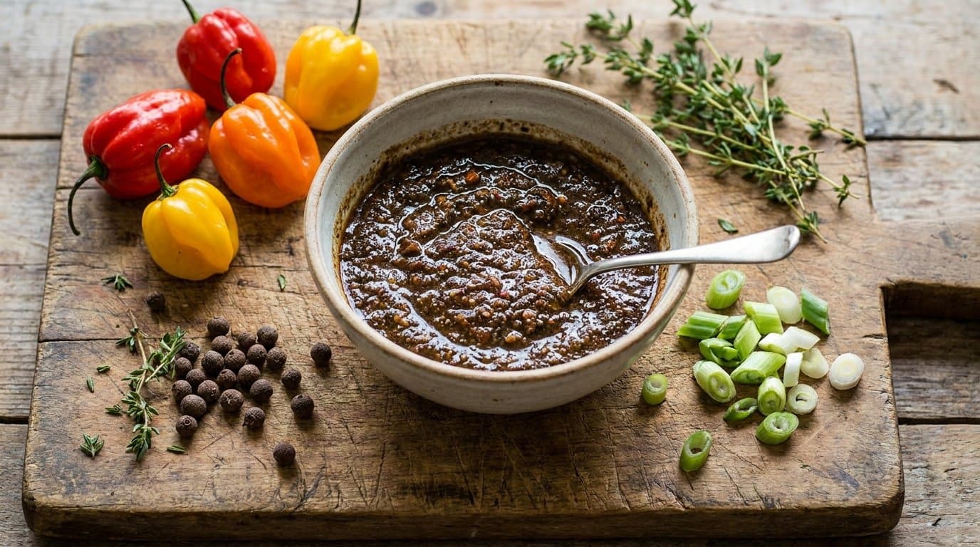 A bowl of dark jerk seasoning marinade beside scotch bonnet peppers, allspice berries, thyme and spring onion on a wooden board