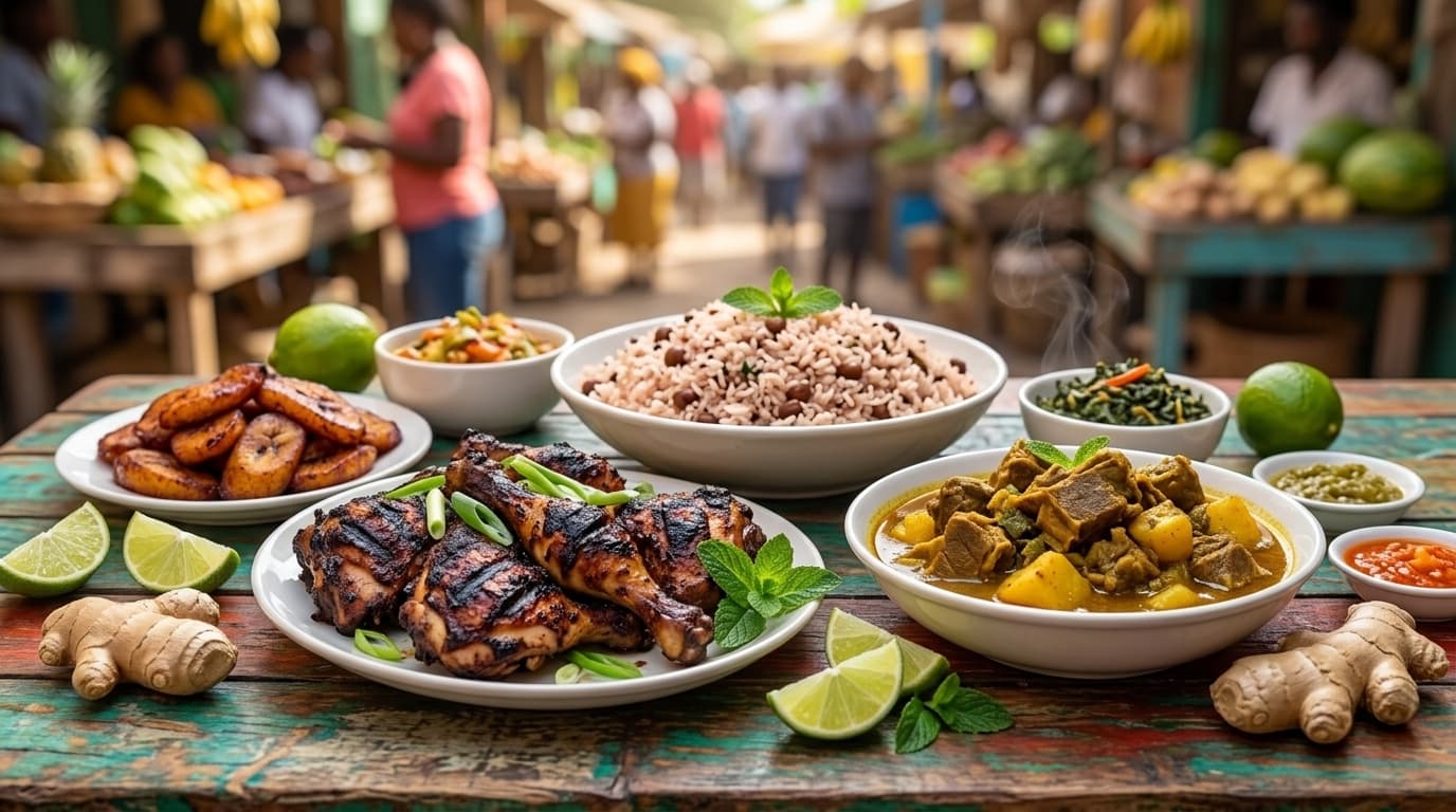 A spread of Caribbean dishes including jerk chicken, rice and peas, fried plantain and curry goat on a wooden table