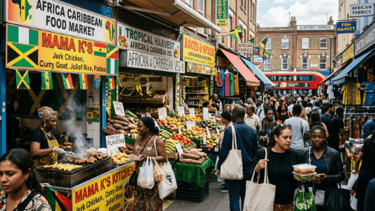 A busy London market scene with African and Caribbean food stalls, produce and shops.