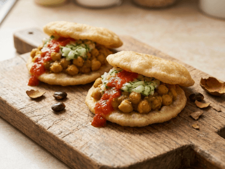 Two soft fried bara flatbreads holding a scoop of curried chickpea channa, topped with cucumber chutney and pepper sauce.