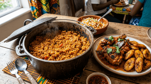 A pot of rich orange-red West African jollof rice, smoky at the edges, served with chicken and fried plantain.