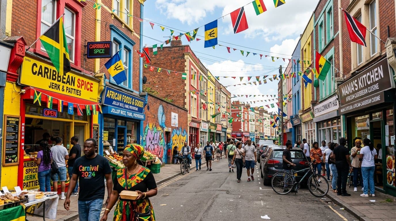A Bristol street scene in St Pauls with African and Caribbean food shops and carnival colour.