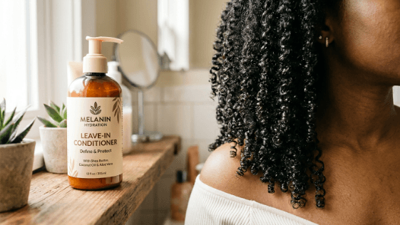 A bottle of leave-in conditioner beside a section of moisturised, defined natural coily hair.