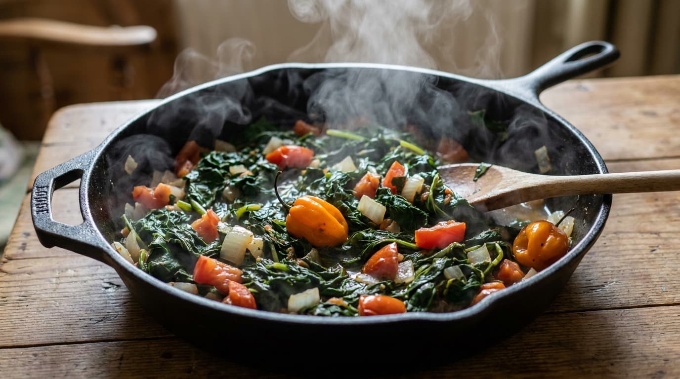A pan of cooked green Jamaican callaloo with onion, tomato and scotch bonnet, steam rising from the leaves.