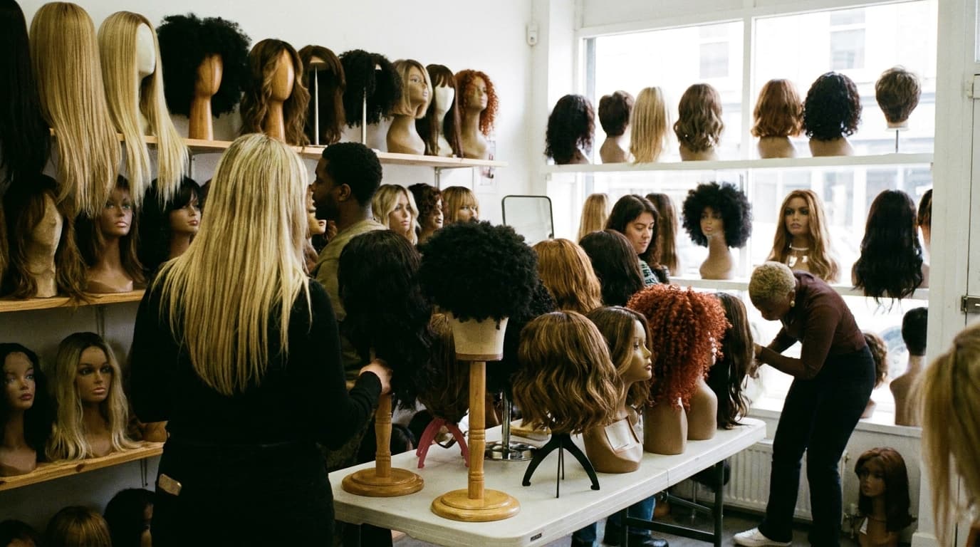 A selection of wigs on stands in a range of textures and lengths, from straight to curly to Afro-textured styles.