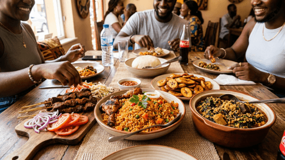 A spread of Nigerian dishes including jollof rice, fried plantain, egusi soup and suya on a shared table