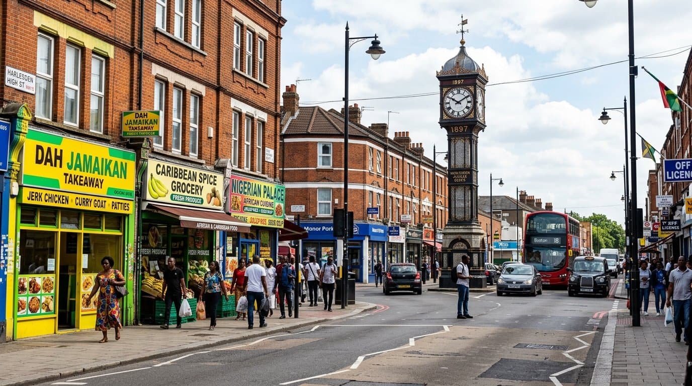 A Harlesden high street scene with Caribbean and African food shops and the Jubilee Clock.