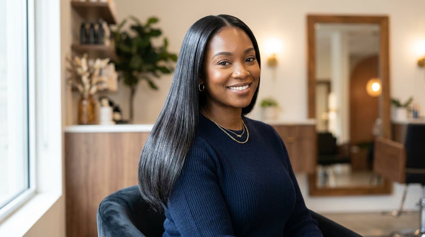 A woman with natural hair smoothed into a sleek, shiny straight silk press that falls past her shoulders.