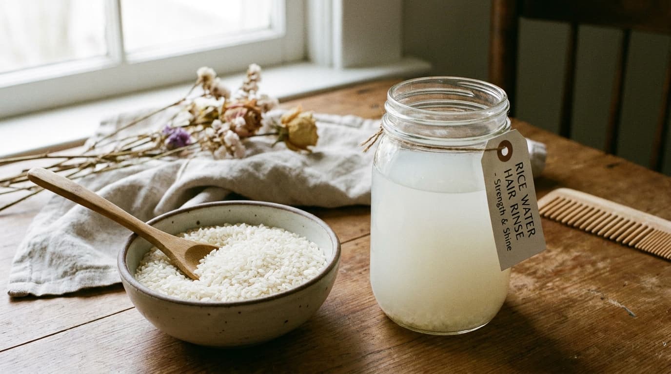 A glass jar of cloudy rice water beside a bowl of rice, used as a hair rinse for strength and shine.