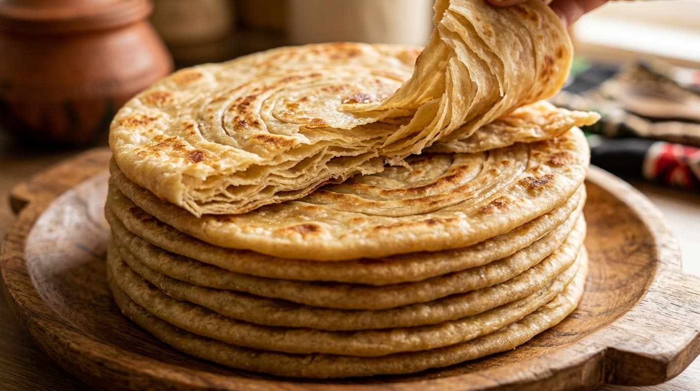 A stack of soft, golden, layered East African chapati, one torn to show the flaky layers inside.