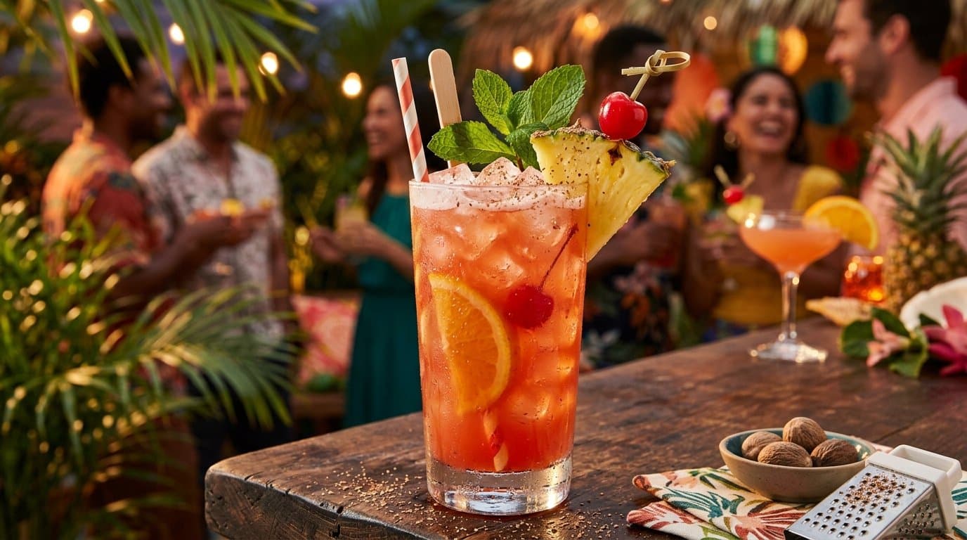 A tall glass of red-orange Caribbean rum punch over ice with fruit and grated nutmeg, a classic party drink for adults.