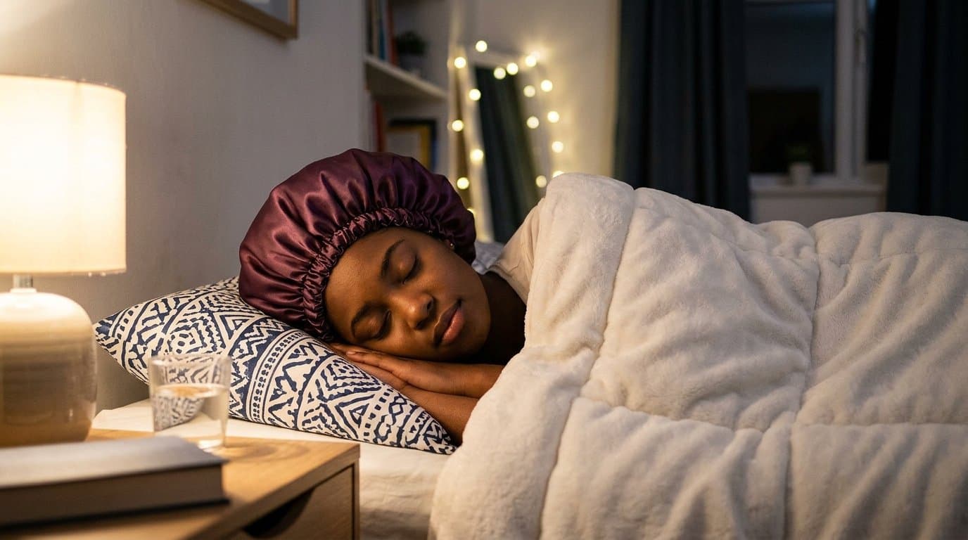 A person wearing a soft satin bonnet over their hair at night, the smooth cap protecting their curls and edges while they sleep.