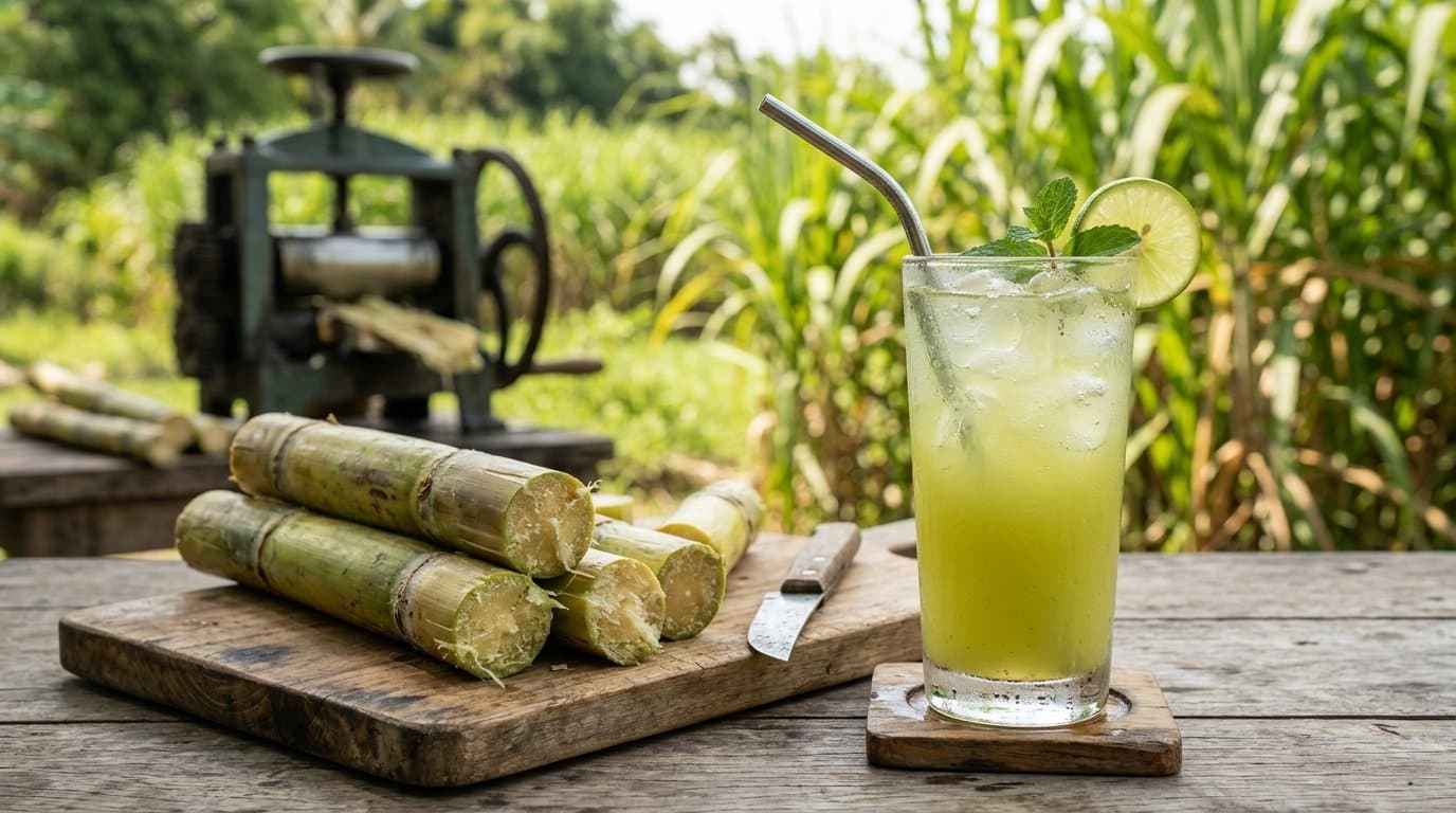 A glass of pale green sugarcane juice over ice beside freshly cut lengths of sugar cane.